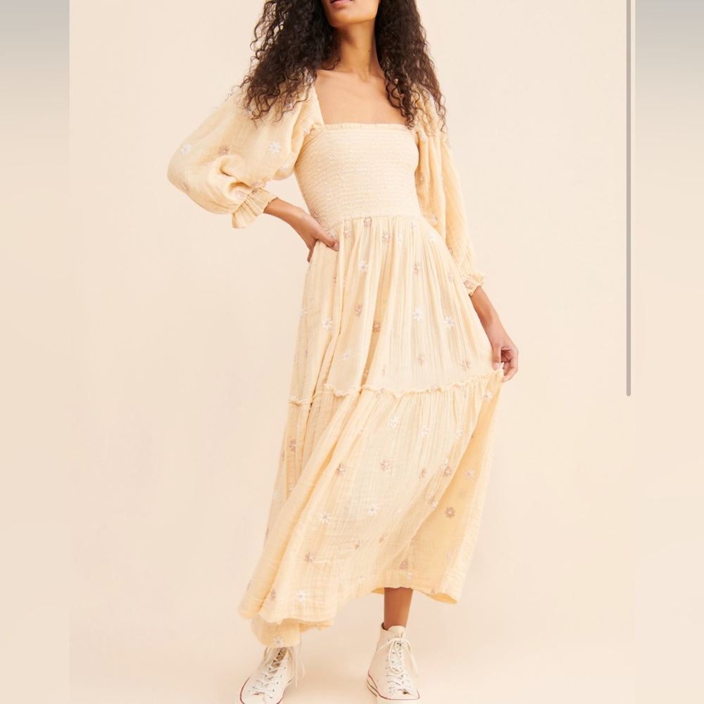 Free People Dahlia Embroidered Maxi Dress in Buttercream